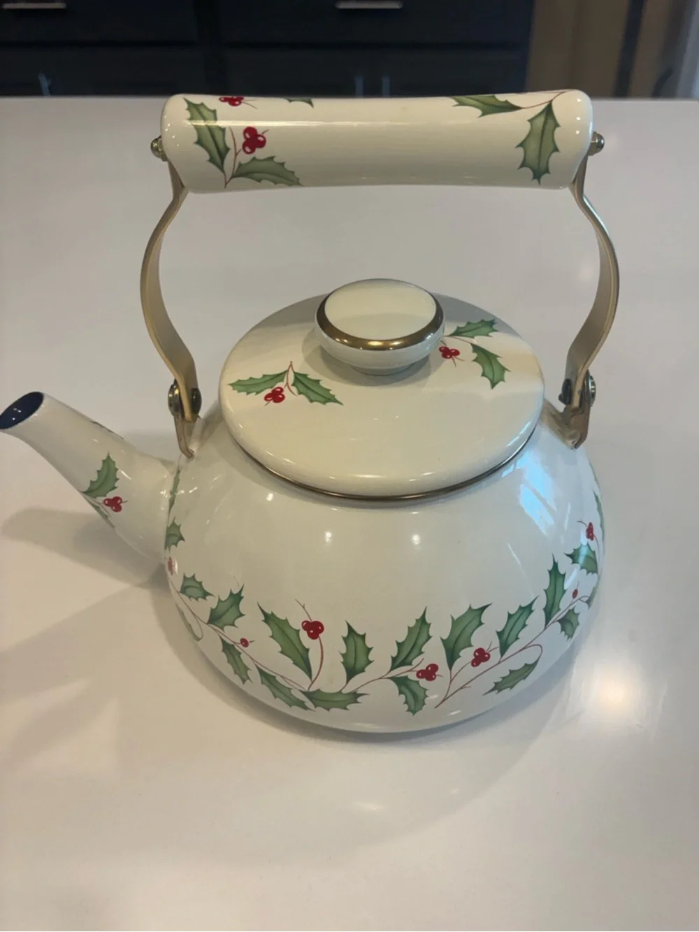 Lenox Holiday Enamel Ware Metal Tea Kettle Teapot Holly Berry China Handle